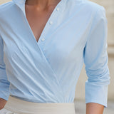 Wrap-Front Tailored Blouse With Structured Collar