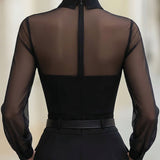 Sheer Panel Pleated Front Blouse