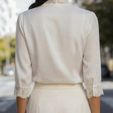 Lace-Trimmed V-Neck Chiffon Button-Up Blouse