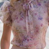Floral Puff Sleeve Tie-Neck Chiffon Blouse