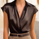 Sleeveless Draped Button-Front Satin Top Blouse