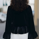 Round Neck Velvet Ruffle-Trim Blouse