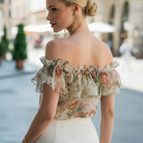Off-Shoulder Ruffle Floral Chiffon Blouse