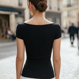 Sheer Mesh Boat Neck Short Sleeve Top