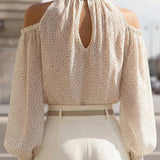Polka Dot Cold-Shoulder Chiffon Blouse With Scarf Tie