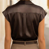 Sleeveless Draped Button-Front Satin Top Blouse
