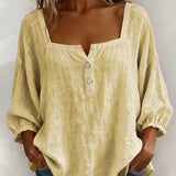 Arianne | Women's Square Neck Blouse 3/4 Puff Sleeve Button Top
