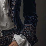 Embroidered Long Jacket in Vintage Navy Polyester Velvet