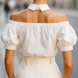 Chic Off-Shoulder Button-Up Blouse with Statement Collar