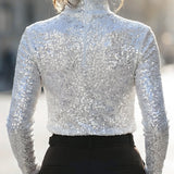 Sequin Turtleneck Long-Sleeve Top