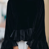 Round Neck Velvet Ruffle-Trim Blouse