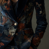 Retro Floral Pattern Velvet Blazer with Metal Buttons