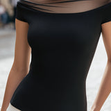 Sheer Mesh Boat Neck Short Sleeve Top