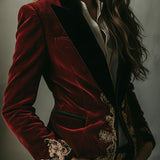 Luxurious Velvet Blazer with Elegant Black Collar and Gold Embroidery