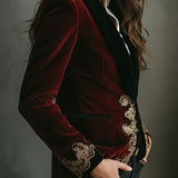 Luxurious Velvet Blazer with Elegant Black Collar and Gold Embroidery