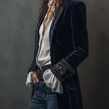 Embroidered Long Jacket in Vintage Navy Polyester Velvet