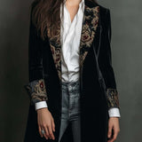 Classic Black Velvet Blazer with Baroque Printed Lapel - Timeless Vintage Luxury