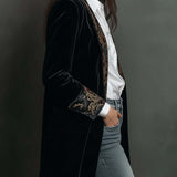 Classic Black Velvet Blazer with Baroque Printed Lapel - Timeless Vintage Luxury