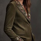 Embroidered Floral Olive Green Velvet Blazer