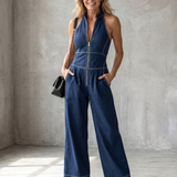 Dara | Zip Front Contrast Stitch Wide Leg Jumpsuit