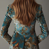 Tailored Vintage Velvet Blazer in Teal Floral Print