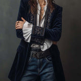 Embroidered Long Jacket in Vintage Navy Polyester Velvet
