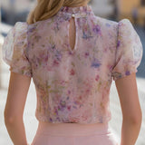 Floral Puff Sleeve Tie-Neck Chiffon Blouse