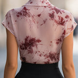 Floral Print Draped Wrap Collar Short Sleeve Blouse