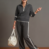 Rain | Zip Neck Long Sleeve Side Stripe Leg Pants Set