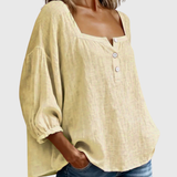 Arianne | Women's Square Neck Blouse 3/4 Puff Sleeve Button Top