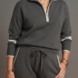 Rain | Zip Neck Long Sleeve Side Stripe Leg Pants Set