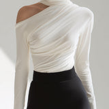 Asymmetric Draped High-Neck Long Sleeve Top
