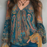 Clara | Bohemian Teal & Amber Paisley Chiffon Blouse With Ruffled Cuffs