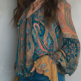 Clara | Bohemian Teal & Amber Paisley Chiffon Blouse With Ruffled Cuffs