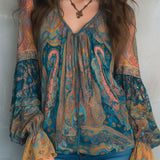Clara | Bohemian Teal & Amber Paisley Chiffon Blouse With Ruffled Cuffs