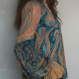 Clara | Bohemian Teal & Amber Paisley Chiffon Blouse With Ruffled Cuffs