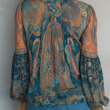Clara | Bohemian Teal & Amber Paisley Chiffon Blouse With Ruffled Cuffs