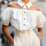 Chic Off-Shoulder Button-Up Blouse with Statement Collar