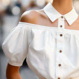 Chic Off-Shoulder Button-Up Blouse with Statement Collar