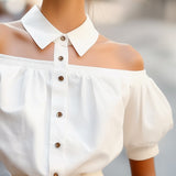 Chic Off-Shoulder Button-Up Blouse with Statement Collar