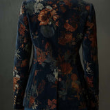 Retro Floral Pattern Velvet Blazer with Metal Buttons