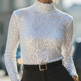 Sequin Turtleneck Long-Sleeve Top