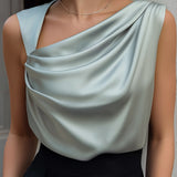 Elegant Sleeveless Satin Draped Neck Blouse