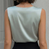 Elegant Sleeveless Satin Draped Neck Blouse