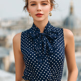 Chic Navy Blue Polka Dot Sleeveless Blouse With Bow Tie Neck