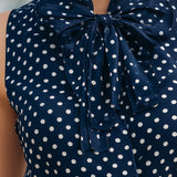 Chic Navy Blue Polka Dot Sleeveless Blouse With Bow Tie Neck