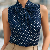 Chic Navy Blue Polka Dot Sleeveless Blouse With Bow Tie Neck