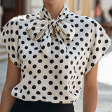 Satin Polka Dot Bow Tie Neck Short Sleeve Blouse