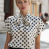Satin Polka Dot Bow Tie Neck Short Sleeve Blouse