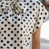 Satin Polka Dot Bow Tie Neck Short Sleeve Blouse